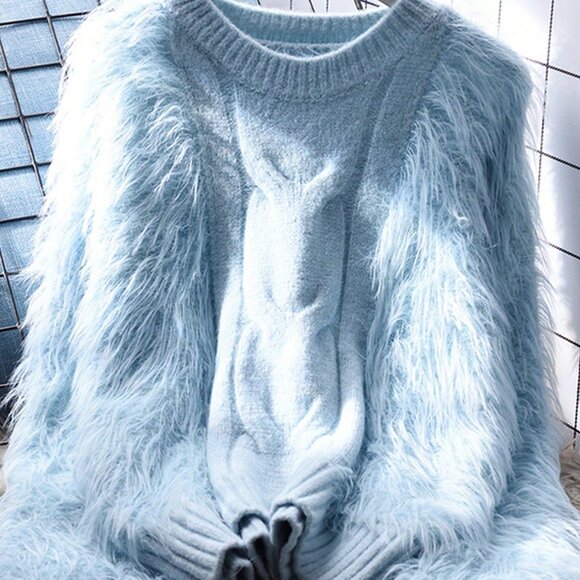 Blue Casual Women's Stand Collar Fuzzy Accent Long Sleeve Sweater - Picture 1 of 7